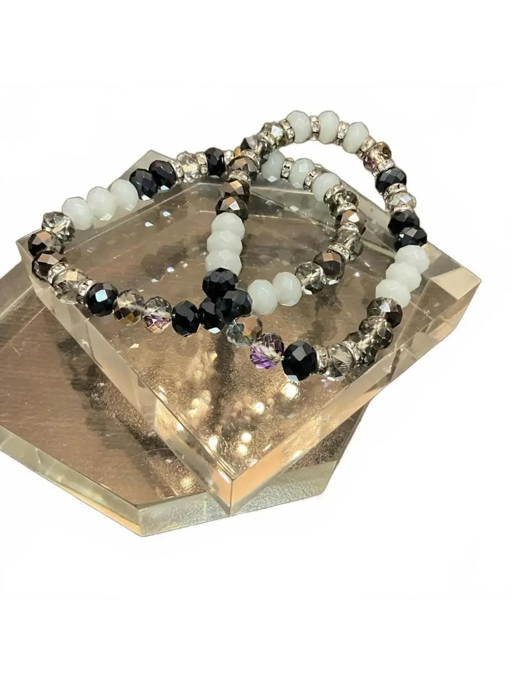 Beaded Bracelet Set Black White & Metallic stretch bracelets